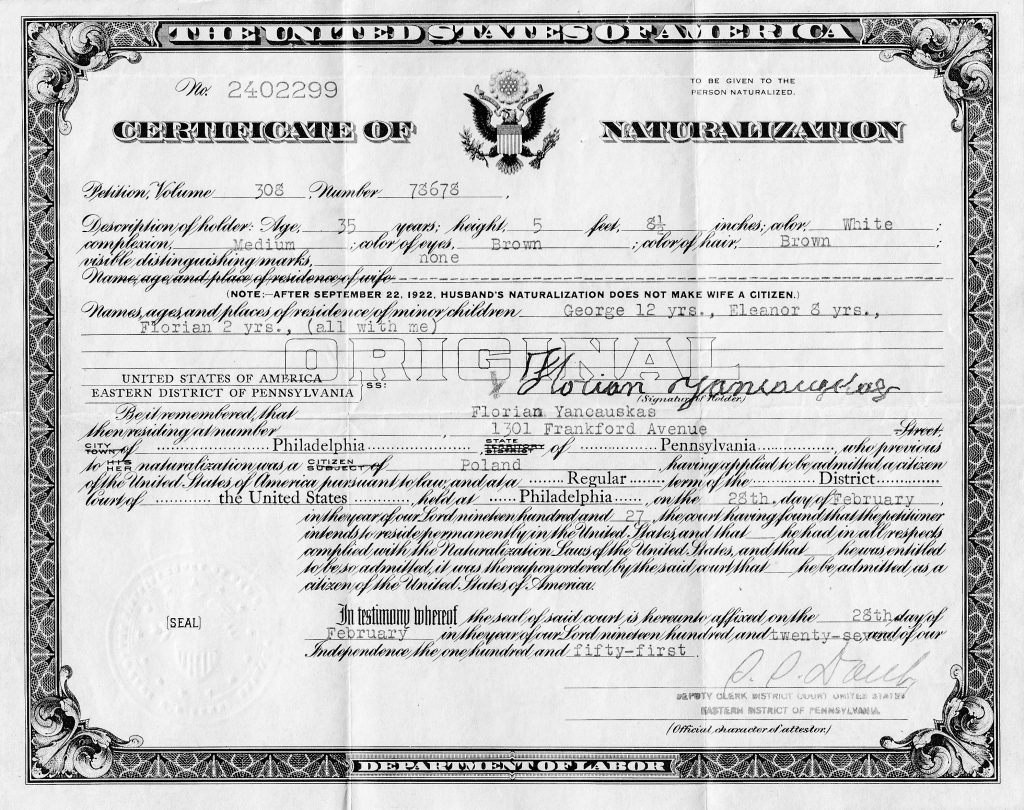 Florian Yancauskas's Naturalization papers 