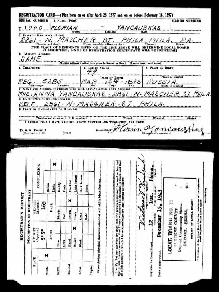 Florian Yancauskas U.S., World War II Draft Registration Card